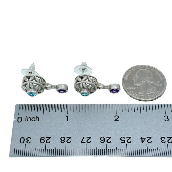 Vintage Sterling Silver 925 Amethyst Blue Crystal Dangle Earrings - Picture 3 of 4